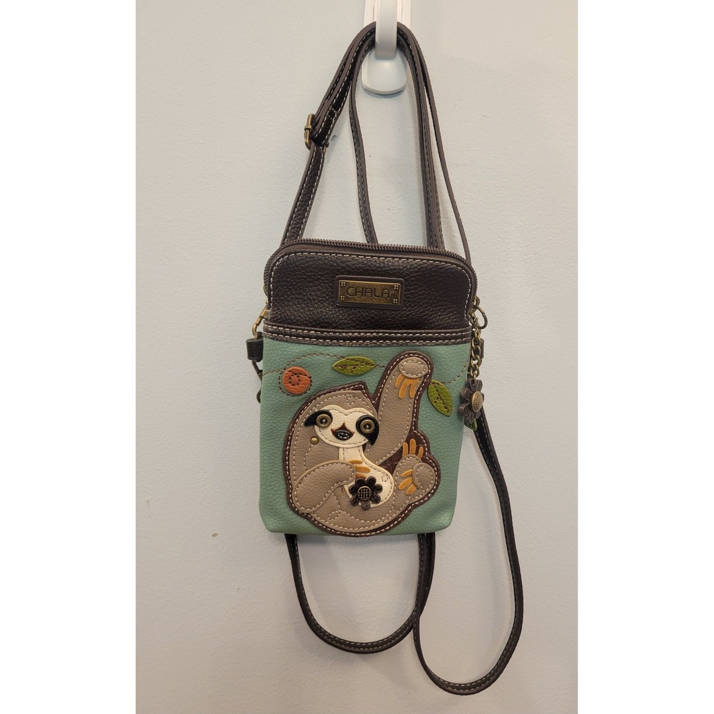 Chala Sloth Cell Phone Crossbody Vegan Leather Purse RFID Teal Brown